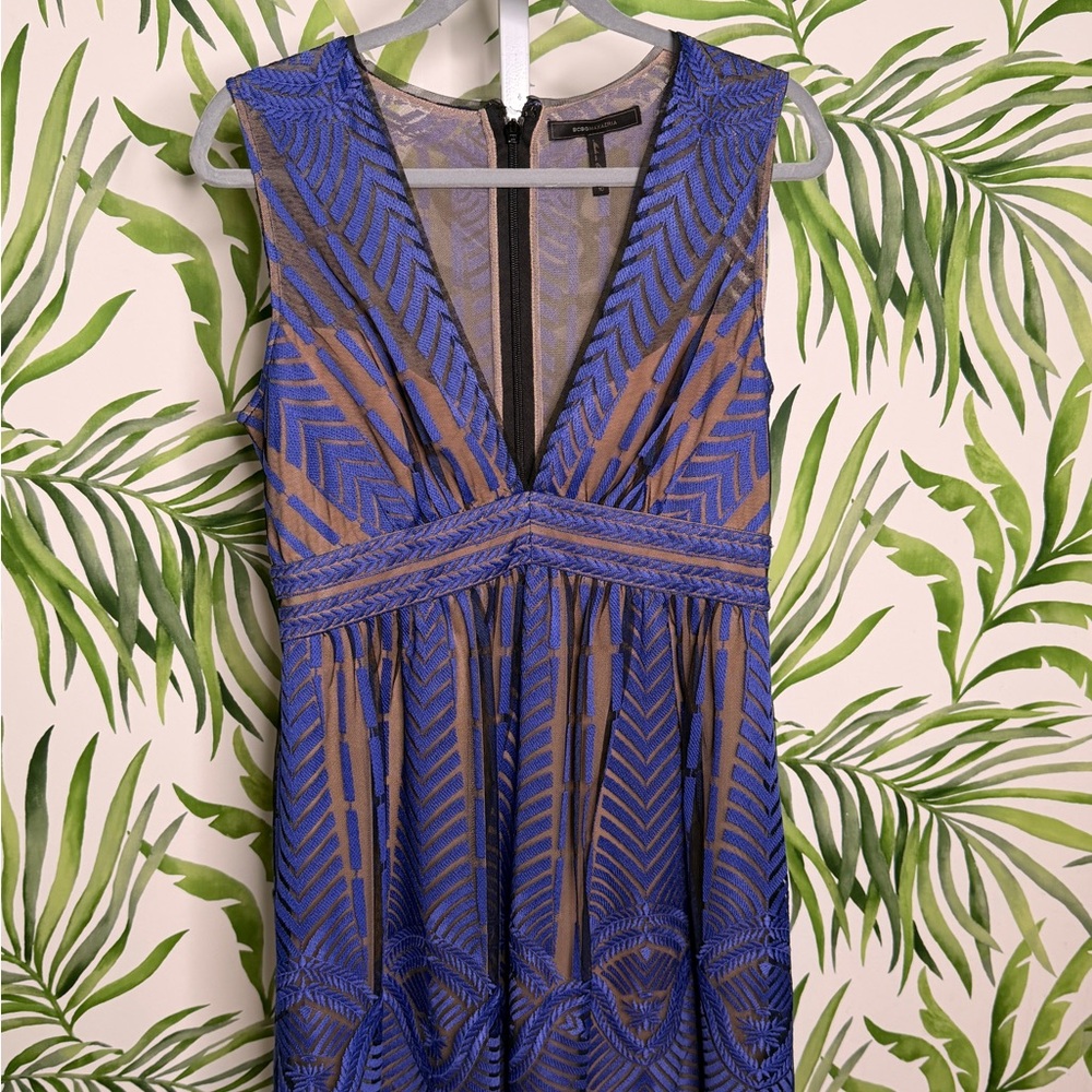 BCBGMAXAZRIA Blue Embroidered Mesh Dress Nude Lining Size 10 Cocktail Party